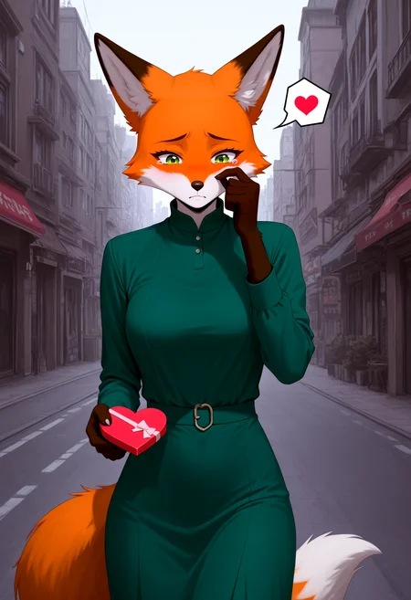 amazing quality, very aesthetic, absurdres, highres, newest, HDR, 8K, high detail RAW color art, intricate details, high contrast, detailed background, (masterpiece, best quality)
BREAK
source_furry, rating_safe, highres, high quality, perfection, detailed, high contrast,
valentine theme,
outdoors, city, cityscape, street,
1girl, solo, front view, upper body,
furry female, (anthro fox girl:1.2), beautiful girl, cute girl, adult, beautiful face, detailed face, perfect eyes, detailed eyes, green eyes, (no hair:1.2), fox tail,
clothed, green dress,
walking, spoken (broken_heart:1.6), sad expression, tearing up, tears, wiping tears, folded ears, holding, love_letter,
BREAK
\\ Made with ONE FOR ALL checkpoint by Chaos Experience @ https://civitai.com/user/ChaosExperience/ \\