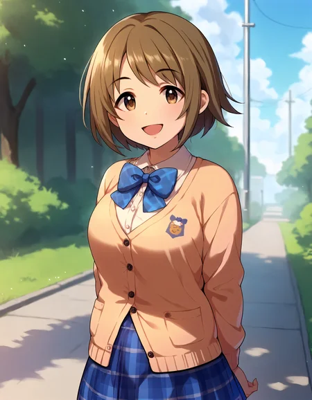 score_9,score_8_up,score_7_up,1girl,solo,cowboy shot,smile,open mouth,looking at viewer,arms at sides,outdoors,
<lora:mimurakanako_ponyXLV6:0.8>,cgmkn,
brown hair,short hair,brown eyes,plump,
blue bow,cardigan,blue plaid skirt