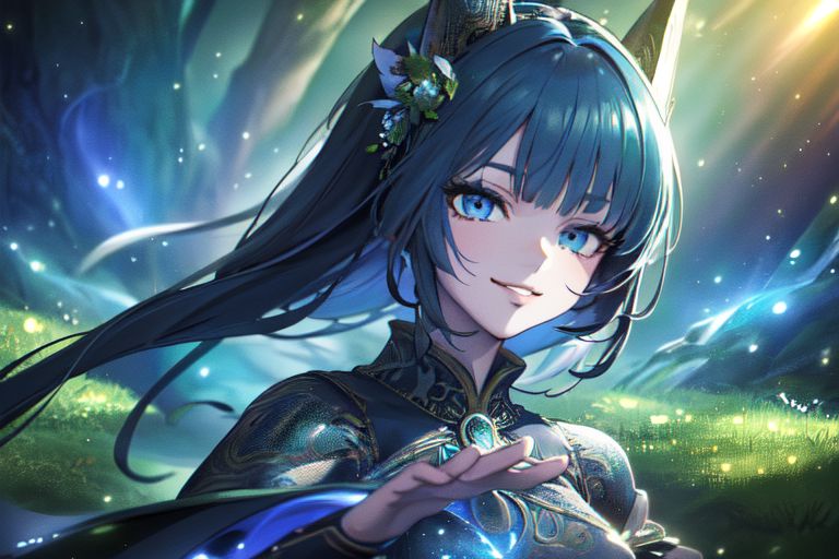 (masterpiece:1.4), 4K8K, (anime style), (high shutterspeed:1.4), (sharp edges), 
SyFyEye1, FanFo, 
1woman  hands togather,  leaning foward, face focus, smile, closed mouth, 
wearing Celtic style dress, (Detailed face, Detailed eyes, Detailed lips), (solo), 
Fantastic Forest at fantasy night, Fantastic Planets