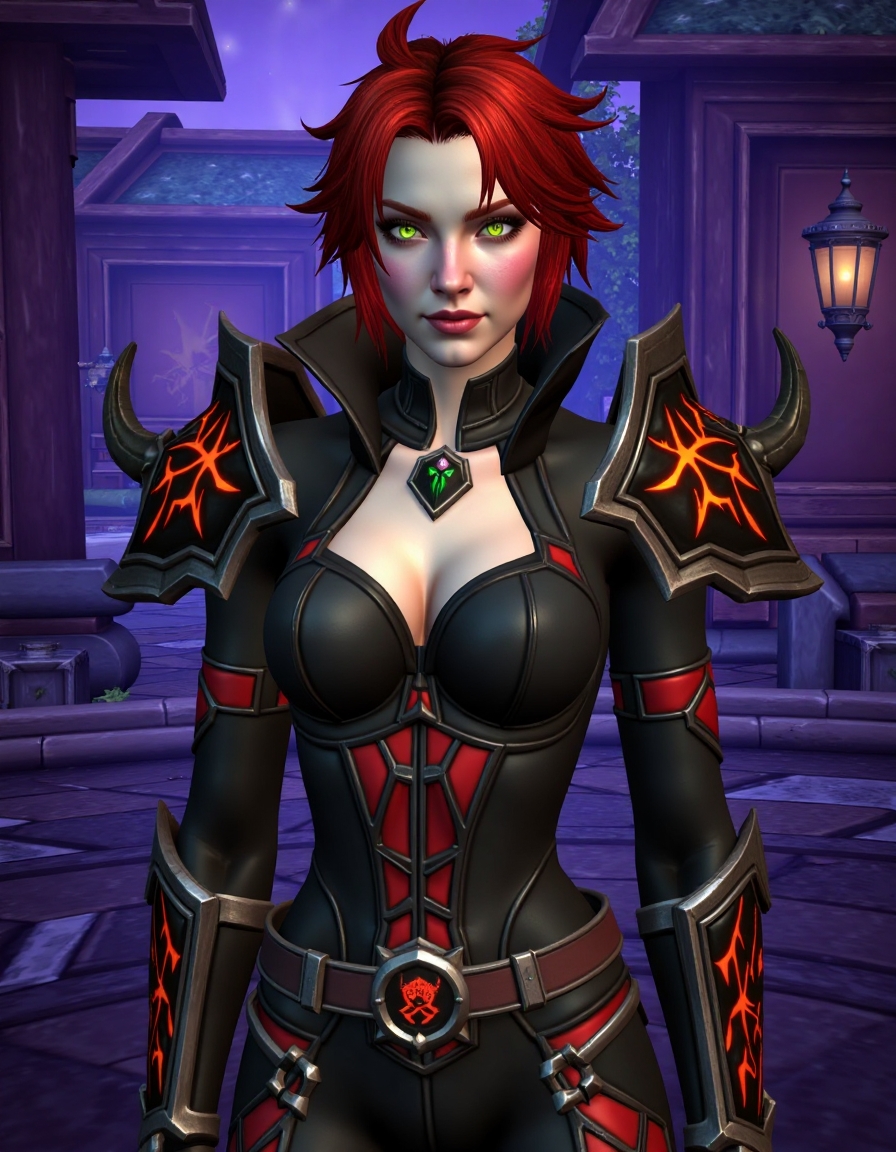 WOW_Character_Style, Extreme close-up portrait of Black Widow, cropped from upper chest to mid-forearm. Her piercing, bright green eyes glint with intelligence and danger, framed by her short, fiery red hair. Her expression is calm, calculating, and deadly. She wears sleek, black leather armor with crimson accents, designed for stealth and agility, adorned with a spider emblem on her chest. The frame's top edge highlights sharp, spider-leg-like pauldrons that seem to shimmer with shadow magic. Image cuts off at mid-forearm, revealing intricate, web-like patterns etched into her armor, glowing faintly with dark energy. Hands out of frame. The background suggests the dim, shadowy alleys of Ravenholdt Manor, with cobblestones and moonlit fog creating an air of secrecy and intrigue. [Composition: Tight 85mm lens effect, compress perspective to naturally exclude extremities.]