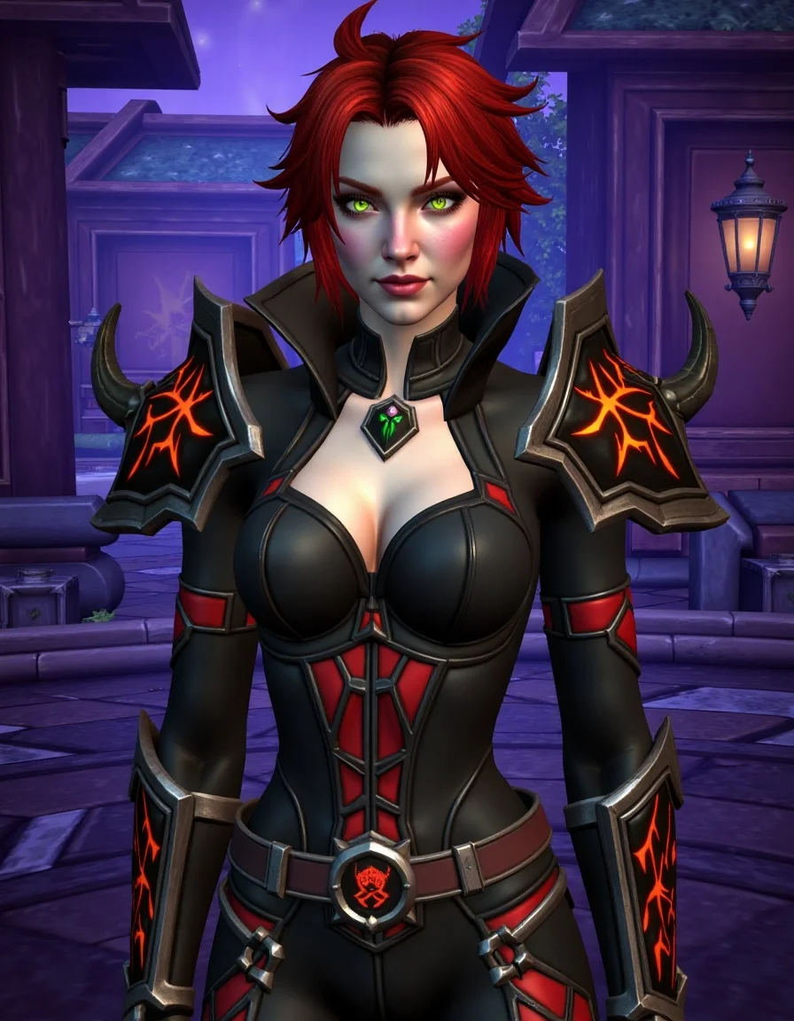 WOW_Character_Style, Extreme close-up portrait of Black Widow, cropped from upper chest to mid-forearm. Her piercing, bright green eyes glint with intelligence and danger, framed by her short, fiery red hair. Her expression is calm, calculating, and deadly. She wears sleek, black leather armor with crimson accents, designed for stealth and agility, adorned with a spider emblem on her chest. The frame's top edge highlights sharp, spider-leg-like pauldrons that seem to shimmer with shadow magic. Image cuts off at mid-forearm, revealing intricate, web-like patterns etched into her armor, glowing faintly with dark energy. Hands out of frame. The background suggests the dim, shadowy alleys of Ravenholdt Manor, with cobblestones and moonlit fog creating an air of secrecy and intrigue. [Composition: Tight 85mm lens effect, compress perspective to naturally exclude extremities.]