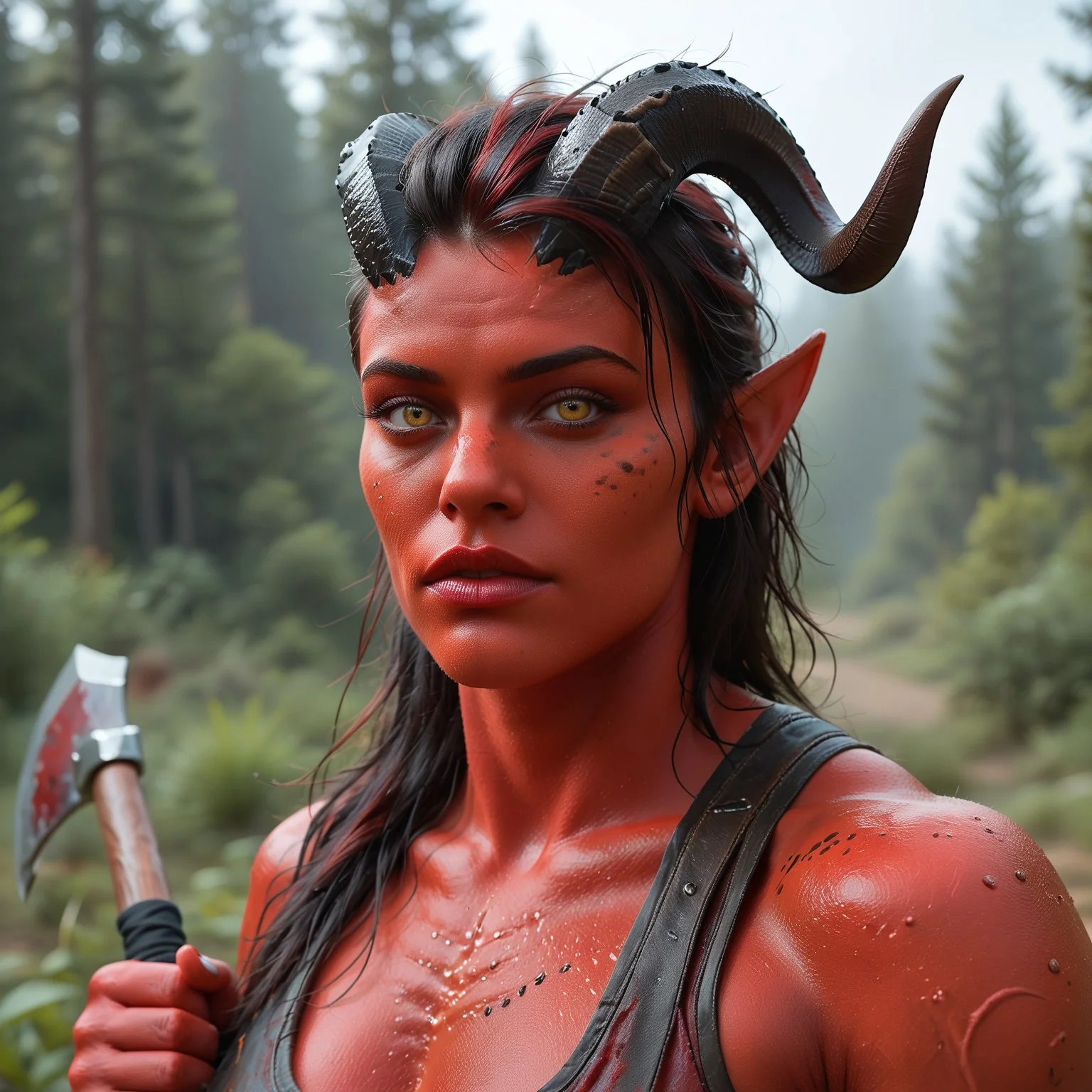 safe_pos, karlach black horns red skin tail muscular huge breasts 1girl solo freckles horns axe pointy ears blurry background looking at viewer black hair blurry portrait yellow eyes red skin long hair lips outdoors artist name demon girl colored skin score_9 score_8_up score_7_up action scene movie stil  hyperrealistic, realstic, 