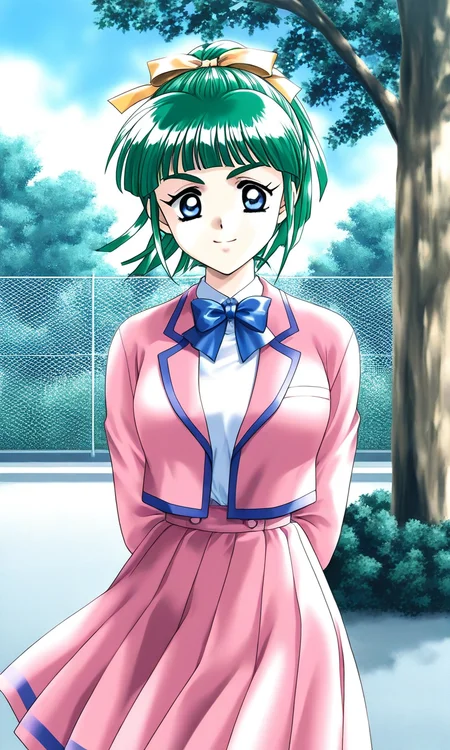 general,highres, ultra-detailed,very aesthetic,best quality ,best hands, BREAK <lora:Iijima_Miyuki_kakyuusei_Ver2.0_IS:1>
Iijima_Miyuki(kakyuusei), 1girl, solo, green hair, high ponytail, bangs, short hair, blue eyes, hair ribbon,Yellow ribbon, breasts, smile,
school uniform, tree, pink skirt, fence, pink blazer, pink jacket, goard skirt, blue line jacket,
arms behind back,
long sleeves, chain-link fence,
outdoors, bowtie, blue bow,