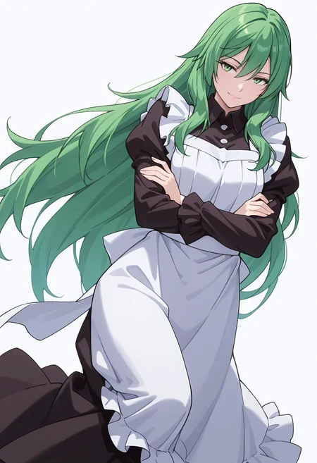 Smooth Quality,masterpiece,very intricate, high quality details, ultra realistic, high detailed skin,detailed enviorement,absurdres,
simple background, white background,
dynamic pose, arms crossed, one leg bent, confident stance, slight head tilt, relaxed hands, ,dutch angle,seductive smile,solo,
<lora:Misery_cnn:0.8> 1girl, green hair, green eyes, hair between eyes, frown, very long hair, sidelocks,dress, shirt,maid apron, puffy sleeves, long sleeves, juliet sleeves, enmaided,