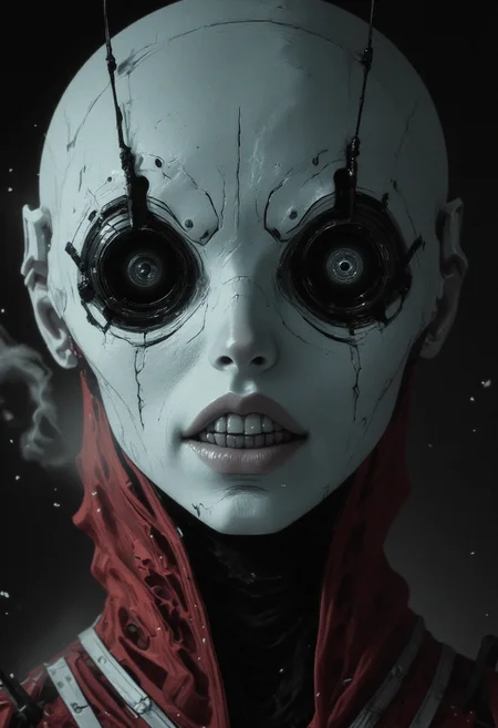 In a chilling, atmospheric cinematic close-up, the subject of the image is an expertly crafted biosynthetic humanoid woman. Her head is cocked to one side with a subtle grin that reveals her biomechanical teeth. She is terribly beautiful yet lethal, exuding an unnatural charm through her mesmerizing synthetic eyes, which are an entirely unnatural color. The woman's white matte translucent ethereal skin has a texture almost like frosted glass, with diffused lighting, light scattering, soft refractions, gentle highlight diffusion, muted reflections, and soft-focus translucency that emphasize her hauntingly beautiful visage. Backlighting creates a dramatic, atmospheric glow, illuminating dust particles swirling in the air and drawing attention to the sharp edges of her frightening visage. The image is intensely captivating, with a delicate balance between beauty and fear, making it both striking and unforgettable., head tilt,<lora:ChadMichaelWard:0.1> drk4rt,<lora:Anime v1.3:0.6>,<lora:test2-000013-nistyle:0.4> Nistyle, <lora:m100-style_v.02:0.6> M100-style, <lora:- Flux1 - vanta_black_V2.0:0.5> vantablack, <lora:The_Vanguard:0.5> SentinelBot <lora:MoriiMee_Gothic_Niji_Style_FLUX:0.5>