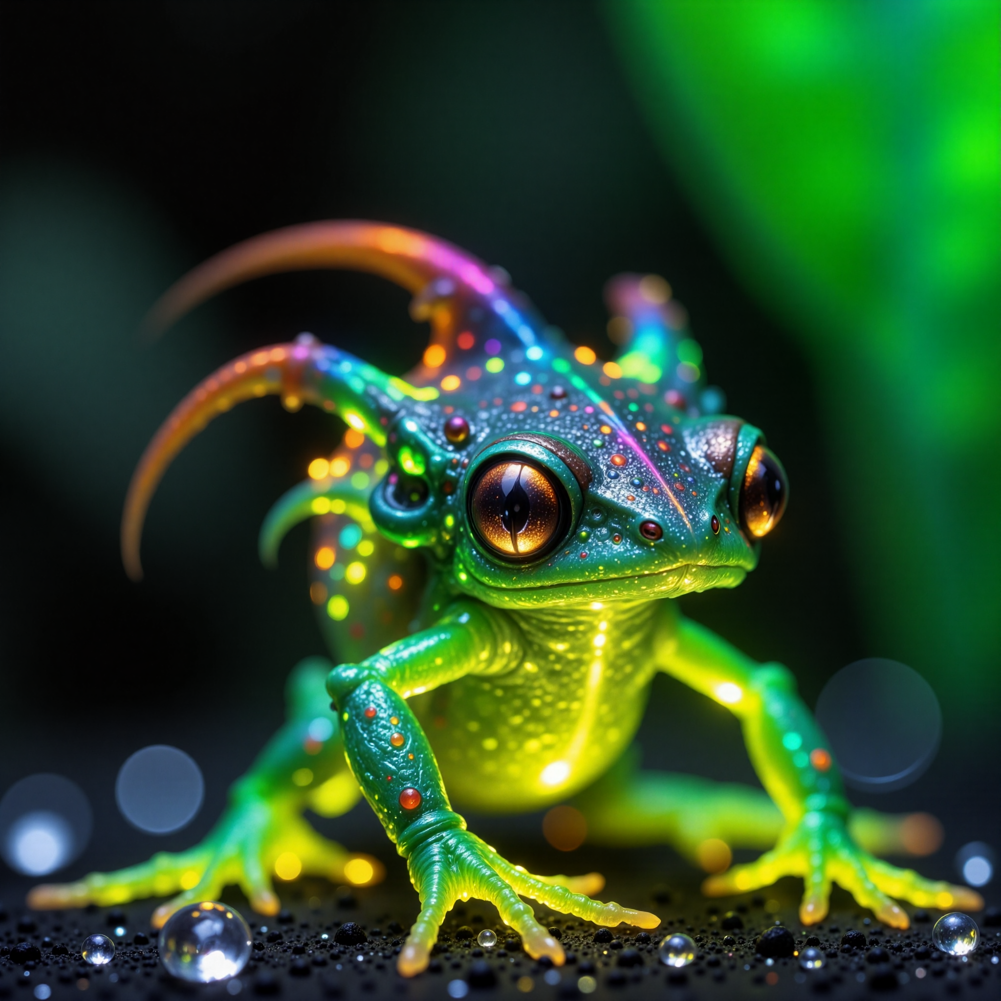 highly detailed, intricate, detailed background, award-winning macro photo, short depth of field, the diminutive "brooding rainbowsniffler" is a bioluminescent glowing extraordinary and inexplicable species  that dwells in the verdant canopies and interjingled klorftwizzle of the exotic alien world "xinderball quartus", where they harvest webcycled wobbleflorp and floating particles for sustenance, dappled sunlight, rim lighting, front lighting, lime green and yellow, neon hues, golden ratio, in the style of ck-ovf, amanoer, arsmjstyle, dnddarkestfantasy, aidmafluxpro1.1, 
<lora:style-oneviolentfantasy-ep21-flux-by_chronoknight:0.56> 
<lora:style-yoshitaka_amano-elden_ring-flux-by_alicient:0.44> 
<lora:style-dnd_dark_fantasy-flux-by_arsmachina:0.56> 
<lora:flux_pro1.1_detailer-v0.2-flux-by_aidma:0.4>
