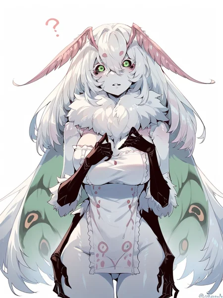 score_9, score_8_up, score_7_up, score_6_up, score_5_up, <lora:mothXLP:1> moth, 1girl, extra arms, colored sclera, black sclera, solo, breasts, monster girl, green eyes, colored skin, ?, looking at viewer, arthropod girl, large breasts, twitter username, long hair
