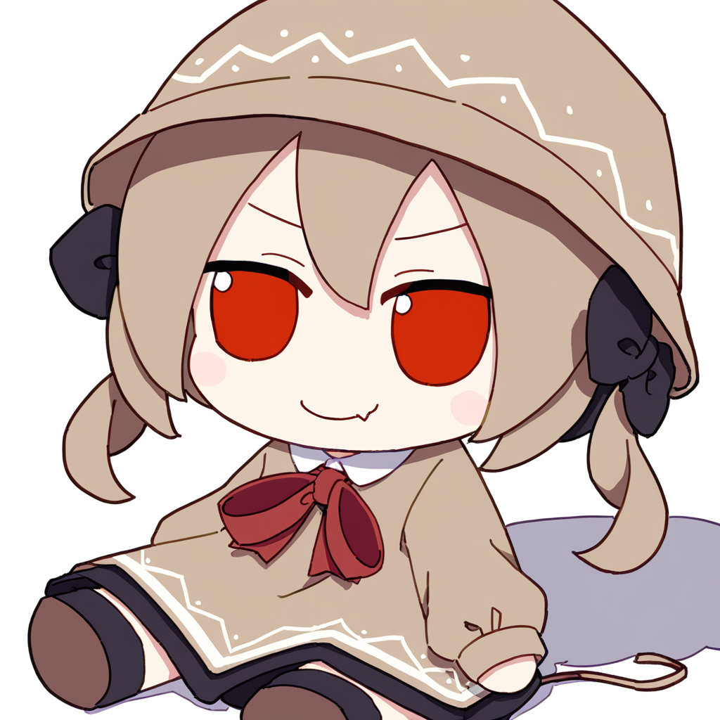 chibi,fumo,1girl,solo,smile,simple background,white background,sitting,fang out,
<lora:fumo_noob1:1>,