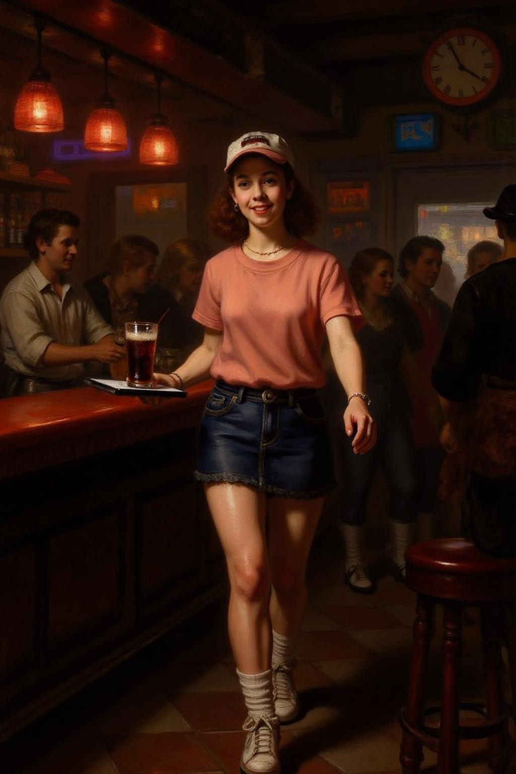 rembr2 painting 
The air buzzes with the energy of a busy bar, a mix of music, conversation, and the clinking of glasses. A barmaid, the embodiment of youthful vibrancy, navigates the lively scene. She wears a peach-coloured T-shirt, the soft fabric contrasting with the smooth, cold glass of coke she carries on a small tablet. Her short skirt adds a playful touch, and a backwards baseball cap hints at a carefree attitude. The setting and atmosphere are palpable: the warm, slightly sticky surface of the bar counter under her fingertips, the dim, colourful lighting that casts playful shadows. Sensory details are abundant: the condensation forming on the glass of coke, the texture of her denim skirt, and the way the bar lights catch the highlights in her hair. Her confident stride, her quick smile, and her efficient movements. Stylistically, the image draws inspiration from the vibrant, candid shots of nightlife photographers, with a touch of the stylized realism found in contemporary illustration. There's a deliberate contrast between the barmaid's youthful energy and the slightly worn, lived-in atmosphere of the bar, creating a dynamic and engaging image.
  <lora:rembr_paint1_semicap_d6a3:1.0><lora:812151004259863118:0>