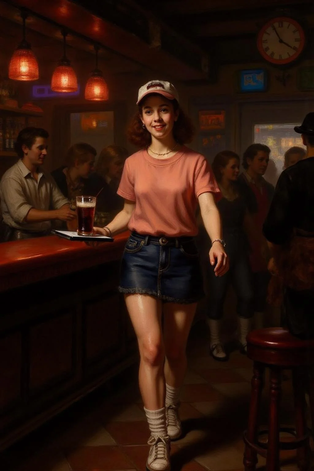 rembr2 painting
The air buzzes with the energy of a busy bar, a mix of music, conversation, and the clinking of glasses. A barmaid, the embodiment of youthful vibrancy, navigates the lively scene. She wears a peach-coloured T-shirt, the soft fabric contrasting with the smooth, cold glass of coke she carries on a small tablet. Her short skirt adds a playful touch, and a backwards baseball cap hints at a carefree attitude. The setting and atmosphere are palpable: the warm, slightly sticky surface of the bar counter under her fingertips, the dim, colourful lighting that casts playful shadows. Sensory details are abundant: the condensation forming on the glass of coke, the texture of her denim skirt, and the way the bar lights catch the highlights in her hair. Her confident stride, her quick smile, and her efficient movements. Stylistically, the image draws inspiration from the vibrant, candid shots of nightlife photographers, with a touch of the stylized realism found in contemporary illustration. There's a deliberate contrast between the barmaid's youthful energy and the slightly worn, lived-in atmosphere of the bar, creating a dynamic and engaging image.
<lora:rembr_paint1_semicap_d6a3:1.0><lora:812151004259863118:0>