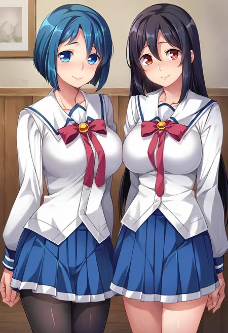 score_9, score_8_up, score_7_up, masterpiece, source_anime BREAK 2girls, a0i_kur3, a01, short hair, blue hair, blue eyes, large breasts, white serafuku, pleated skirt, neck ribbon, puffy long sleeves, black thighhighs, BREAK kur3, long hair, black hair, red eyes, white serafuku, pleated skirt, neck ribbon, puffy long sleeves, black pantyhose, looking at viewer, indoors, wooden wall, closed mouth, smile, <lora:Aqua_Ignis_characterpack_Pony_ct_ver2:0.9>