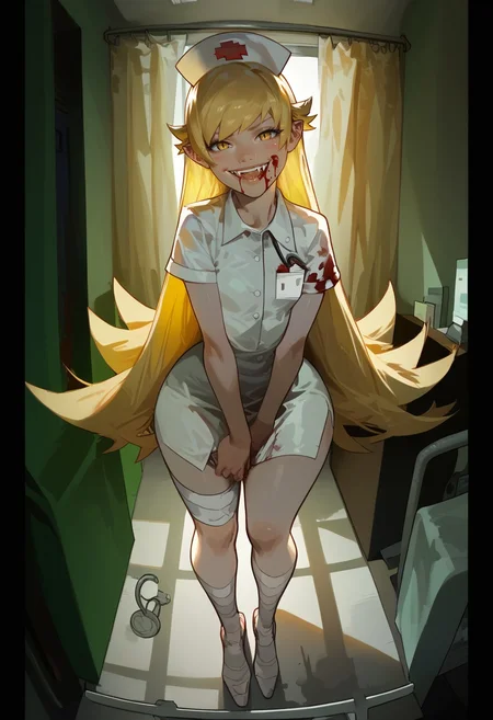 score_9, score_8_up, score_7_up, score_6_up, aesthetic , (1girl), (solo), Oshino_Shinobu, yellow_eyes, blonde_hair, long_hair, flat_chest, pointy_ears, blush_stickers, huge ass, thick thighs , wide hips , (big lips:0.7), nurse outfit, nurse cap, hospital, night, bandaged arm, bandaged leg, bandaid on cheek, blood on a floor, looking at viewer , short sleeves, very long hair, standing, dynamic angle, blushing, bloody mouth, blood on face, blood on clothes,  smiling, fangs, vampire fangs,
<lora:Expressive_H:1>, <lora:incase-ilff-v3-4:0.3>, <lora:saigalisk_pd:0.8> <lora:add-detail-xl:0.3>  <lora:Shinobu_Pony:1> <lora:Blood_-_Bloody_Hands__Mouth__Breasts:0.5>
