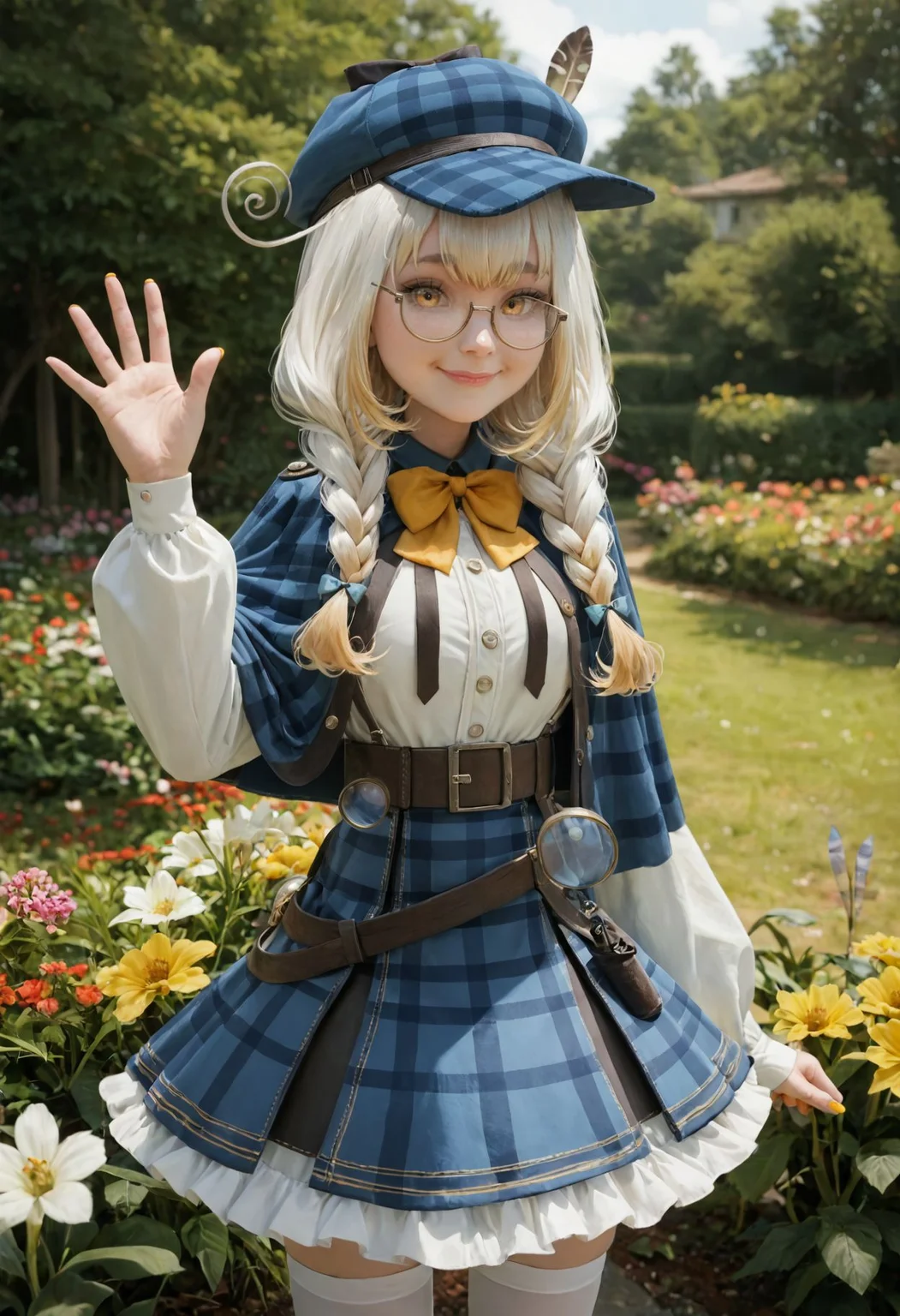 score_9, score_8_up, score_7_up, realistic
1girl, looking at viewer, smile, closed mouth
yellow nails, cowboy shot, waving, outdoors, nature, garden, flowers
<lora:Kanna-Yanagi-e5-1000-000005:0.9>
kannayanagi, twin braids, ahoge
semi-rimless eyewear
blue hat, hat feather
yellow bowtie, black neck ribbon
puffy long sleeves
blue capelet
white shirt
belt, holster, magnifying glass
plaid skirt, high-waist skirt, frilled skirt
white thighhighs