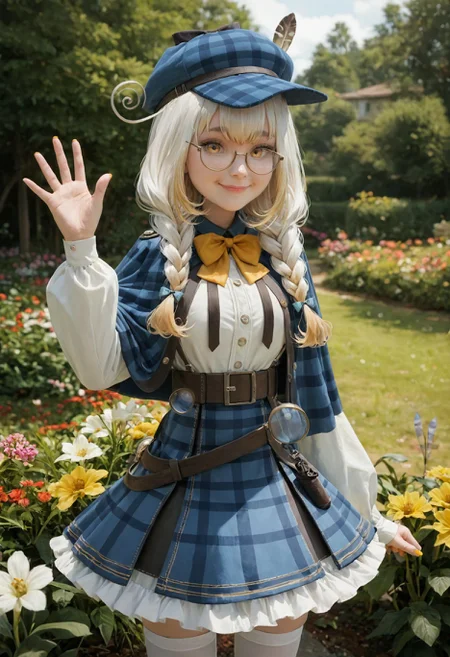 score_9, score_8_up, score_7_up, realistic
1girl, looking at viewer, smile, closed mouth
yellow nails, cowboy shot, waving, outdoors, nature, garden, flowers
<lora:Kanna-Yanagi-e5-1000-000005:0.9>
kannayanagi, twin braids, ahoge
semi-rimless eyewear
blue hat, hat feather
yellow bowtie, black neck ribbon
puffy long sleeves
blue capelet
white shirt
belt, holster, magnifying glass
plaid skirt, high-waist skirt, frilled skirt
white thighhighs