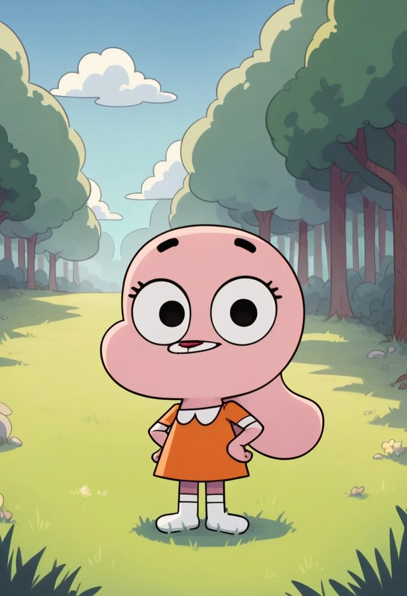 score_8, score_8_up, score_7_up, 1girl, Solo, furry, rabbit, Anais_TawoG, black eyes, light pink skin, black eyebrows, bunny ears down, red nose, orange dress with a white trim, white socks, white rabitt tail, smile, big eyes, short stature, full body, smile, standing, outside, grass, forest, Sunny, Blue sky, looking at the viewer, happy, hands on hips, hean on, cute
