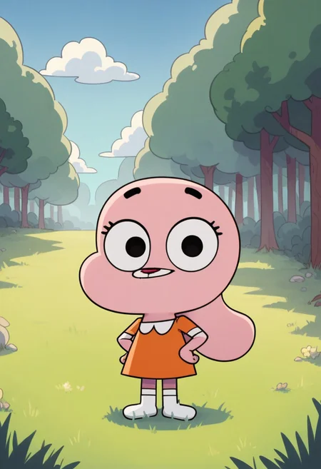 score_8, score_8_up, score_7_up, 1girl, Solo, furry, rabbit, Anais_TawoG, black eyes, light pink skin, black eyebrows, bunny ears down, red nose, orange dress with a white trim, white socks, white rabitt tail, smile, big eyes, short stature, full body, smile, standing, outside, grass, forest, Sunny, Blue sky, looking at the viewer, happy, hands on hips, hean on, cute