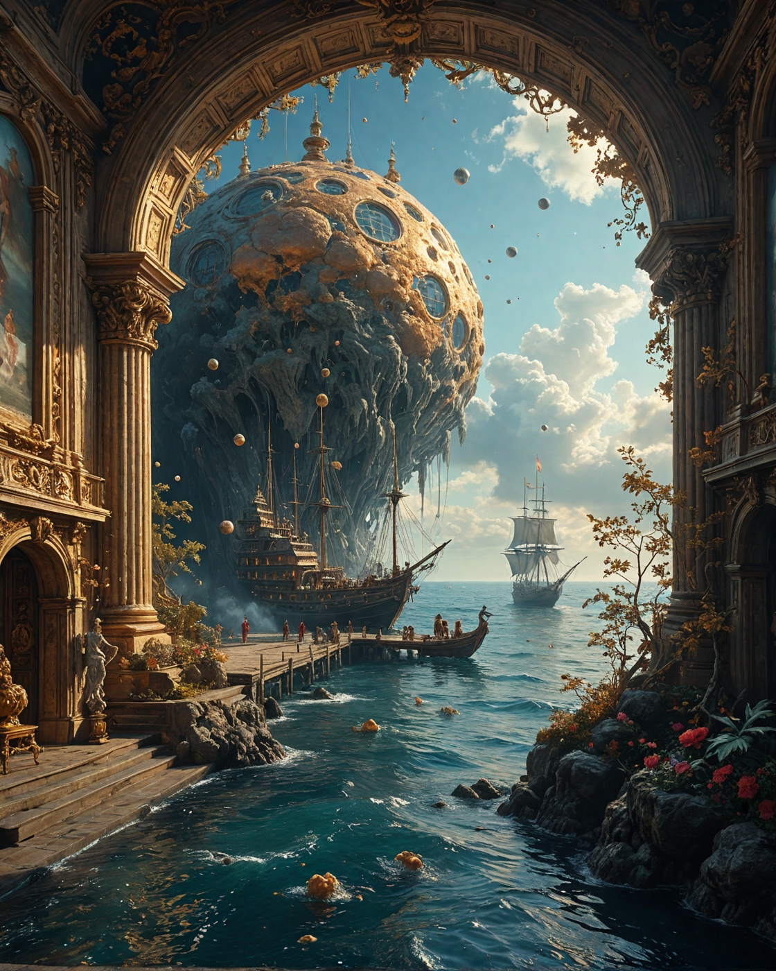 Ships sailing on mercury oceans, beast, meteorite-fragment outpost with,
 ghostly spore clouds, Baroque platinum filigree on pearlescent walls, translucent resin bridges in, black-sand-beach coves, Druidic living-root networks style, hypernova burst coronas,
<lora:tbh124-sdxl:0.15> style of Jean-Antoine Watteau,
<lora:tbh129-sdxl:0.15> style of Michael Cheval,
<lora:Sinozick:0.15>,
<lora:add-detail-xl:0.7>,
<lora:aidmaMJ6.1_v0.5_2:0.3> aidmamj6.1,
<lora:Flux-XL_Scenery:0.15> flux-scenery,
<lora:Flux-style-xl-lora:0.15> flux-style,
8K resolution, ultra-detailed cinematic composition, contemporary concept art style, volumetric magical atmosphere with ethereal glow, rich complementary color palette, vivid gradients and chiaroscuro contrast, dynamic perspective with layered depth of field, inspiring awe-inspiring mood, Unreal Engine 5 render quality, intricate textures, flawless anatomy, rule of thirds composition, luminous highlights, surreal ambiance, award-winning illustration, harmonious balance of light and shadow, photorealistic details, ArtStation trending, chromatic accents, nostalgic futurism, dreamlike serenity, bold creativity, professional finish, sharp focus, ambient background, fascinating dynamic motion,, Baroque art style, dynamic composition, dramatic lighting, rich colors, intricate details, professional-grade execution, captures the grandeur and theatricality of the Baroque period