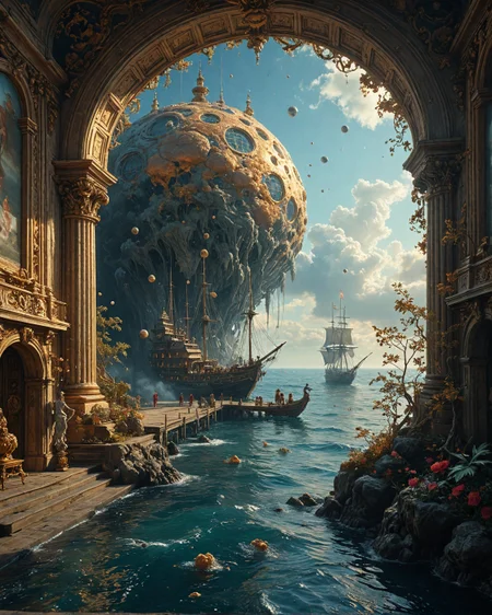 Ships sailing on mercury oceans, beast, meteorite-fragment outpost with,
ghostly spore clouds, Baroque platinum filigree on pearlescent walls, translucent resin bridges in, black-sand-beach coves, Druidic living-root networks style, hypernova burst coronas,
<lora:tbh124-sdxl:0.15> style of Jean-Antoine Watteau,
<lora:tbh129-sdxl:0.15> style of Michael Cheval,
<lora:Sinozick:0.15>,
<lora:add-detail-xl:0.7>,
<lora:aidmaMJ6.1_v0.5_2:0.3> aidmamj6.1,
<lora:Flux-XL_Scenery:0.15> flux-scenery,
<lora:Flux-style-xl-lora:0.15> flux-style,
8K resolution, ultra-detailed cinematic composition, contemporary concept art style, volumetric magical atmosphere with ethereal glow, rich complementary color palette, vivid gradients and chiaroscuro contrast, dynamic perspective with layered depth of field, inspiring awe-inspiring mood, Unreal Engine 5 render quality, intricate textures, flawless anatomy, rule of thirds composition, luminous highlights, surreal ambiance, award-winning illustration, harmonious balance of light and shadow, photorealistic details, ArtStation trending, chromatic accents, nostalgic futurism, dreamlike serenity, bold creativity, professional finish, sharp focus, ambient background, fascinating dynamic motion,, Baroque art style, dynamic composition, dramatic lighting, rich colors, intricate details, professional-grade execution, captures the grandeur and theatricality of the Baroque period