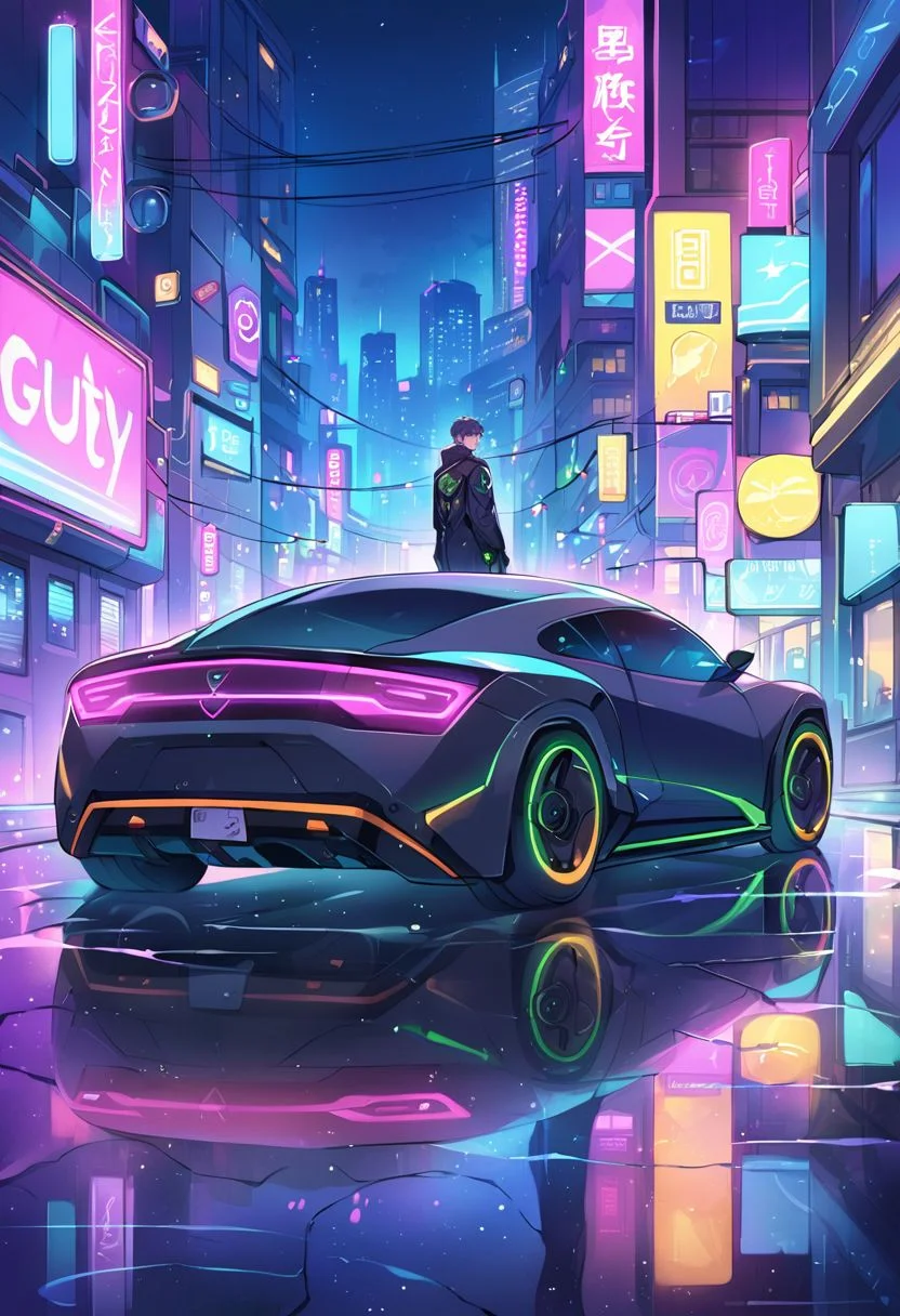 Transport yourself to a futuristic cityscape at night, with neon lights reflecting off the wet pavement. The guy is standing next to his cyberpunk-inspired car, adorned with glowing lights and vibrant colors. Capture the vibrant city lights, the shimmering reflections on the wet road, and the colorful neon signs in the background.