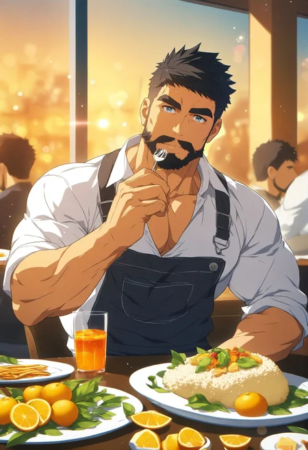 male focus, 1boy, multiple boys,
facial hair, food, muscular male, partially unbuttoned, muscular, pectorals, short hair, bara, cup, mature male, pectoral cleavage, shirt, looking at viewer, thick eyebrows, black hair, rice, beard, upper body, solo focus, lemon, mustache, sleeves rolled up, large pectorals, collared shirt, drinking glass, eating, sunset, chromatic aberration, light particles, lens flare, bokeh, depth of field, fruit, blurry, blurry background,
An illustration of a man sitting at a table with a plate of food in front of him. he is wearing a white shirt and has a serious expression on his face. on the right side of the image, there is a glass of orange juice and a plate with sliced lemons on it. the background shows a window with a view of trees outside. behind him, there are other people sitting around the table, some of whom are also looking at the man. the man appears to be deep in thought, with his eyes closed and his mouth slightly open. the overall color scheme of the illustration is warm and inviting.
masterpiece, best quality
<lora:Niji6BaraStyle_illustriousXL-000050:1>