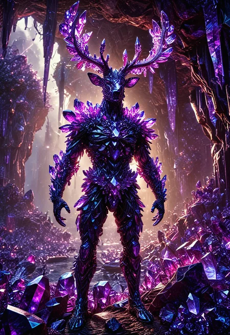 masterpiece, one-person solo full-body, (Dark-Fantasy-page), stag made-of-sparkling-amethyst-crystals, dark cavern filled with crystals (shadows) (dark-atmosphere) ominous eerie, crystalline stalactites, dark purples void behind subject