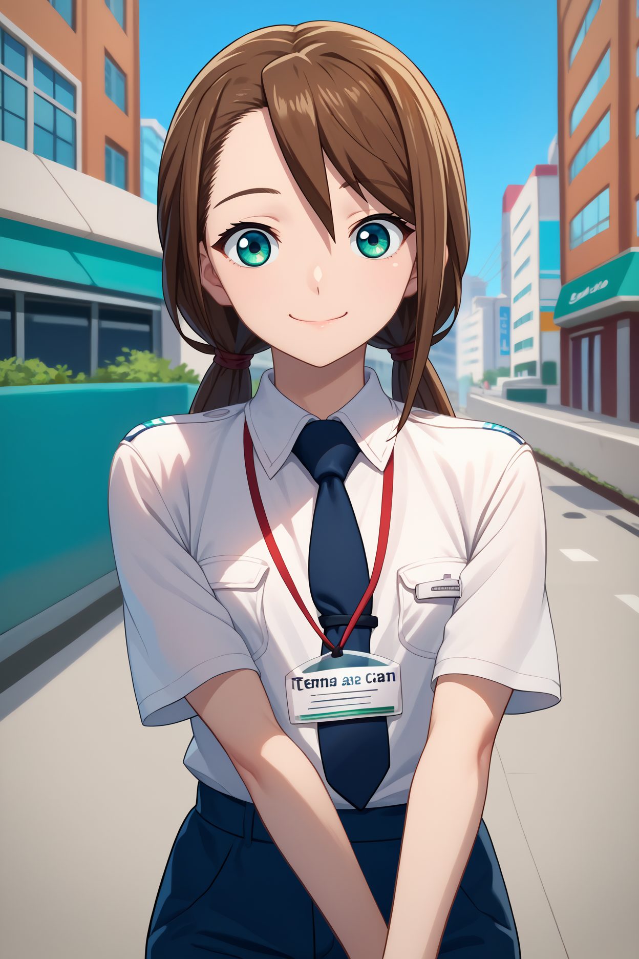 score_9, score_8_up, score_7_up, score_6_up, source_anime, 1girl, solo,  <lora:rnnae-pdxl-nvwls-v1-000005:1> tennoujinae, brown hair, low twintails, turquoise eyes, white shirt, collared shirt, short sleeves, dark blue necktie, lanyard, blue pants, happy, looking at you, city, blue sky, upper body, smile, closed mouth, thighs