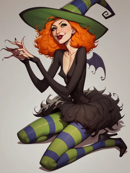 score_9, score_8_up, score_7_up, score_6_up, score_5_up, <lora:scarygodmotherXLP:0.8> scary godmother, 1girl, witch hat, solo, orange hair, striped pantyhose, lipstick, witch, dress, high heels, green eyes
