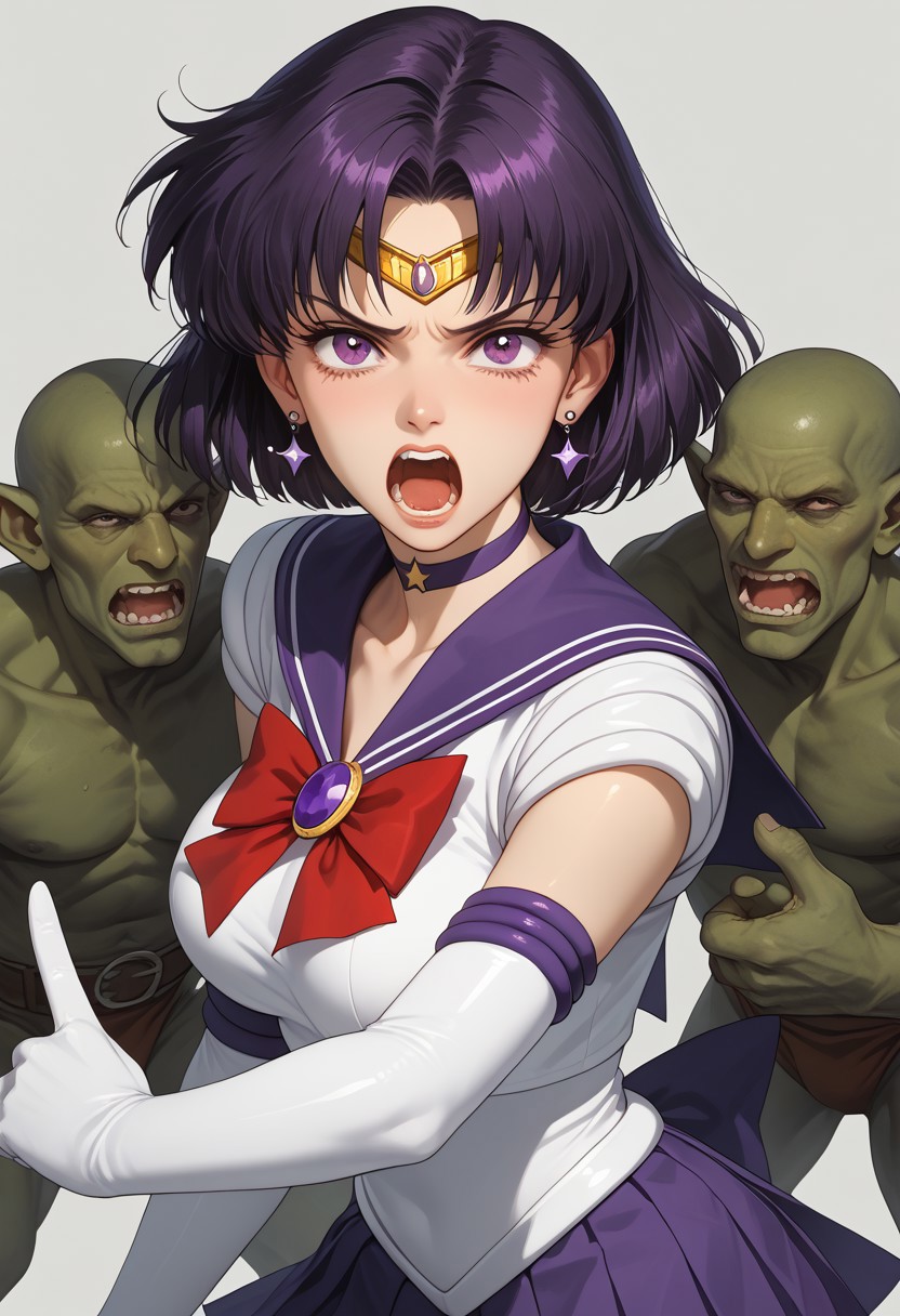score_9, score_8, BREAK, solo, Sailor_Saturn_(Sailor_Moon), 1girl, 47 years old, mature,bob cut, tiara, earrings, sailor senshi uniform, purple eyes, purple choker, purple sailor collar, red bowtie, white shirt, elbow gloves, white gloves, pleated skirt, purple miniskirt, purple boots,
 (angry, screaming, looking at viewer, angry pose,pointing at viewer,)surrounded by goblins, many goblins, multiple boys,