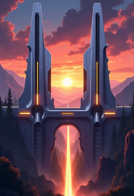 yfg-srs A digital artwork, the image is featuring an anime image of a forbidding mountain pass at sunset, guarded by two colossal gun towers, with huge laser turrets, made of a gleaming silver alloy with glowing led lights, and covered in intricate neon yellow electrical circuitry