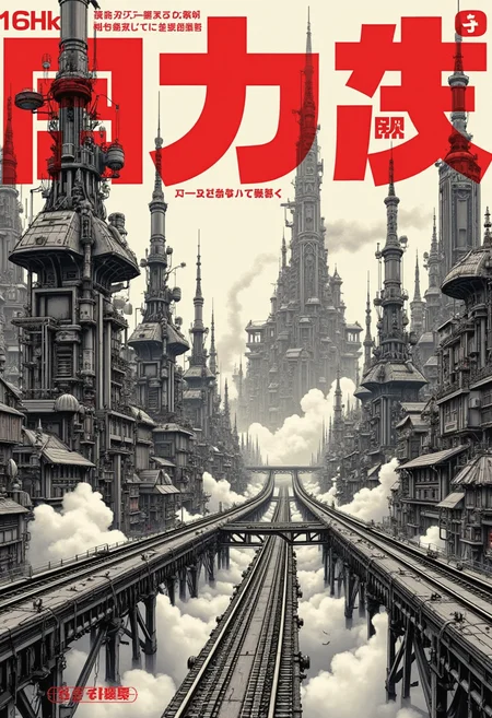 Japanese Manga style Poster with bold large fonts and graphics, Masterpiece, 16k, UHD, best quality, steam punk city, giants buildings, air bridges of rail roads, a lot of steam everywhere, many levels roads above ground, grotesque, hyper-detailed, concept art, monochromatic.