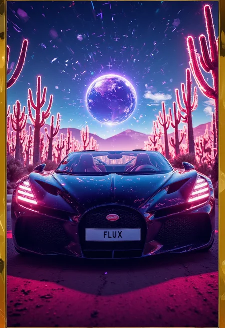 Epic Gaming Poster with text":Bugatti",
Bugatti W16 Mistral driving through a futuristic desert with holographic cacti and a neon-lit sky, blending past and future aesthetics, ultra-realistic yet surreal,
numberplate reads FLUX,
, detailmaximizer, gold frame, secretlab