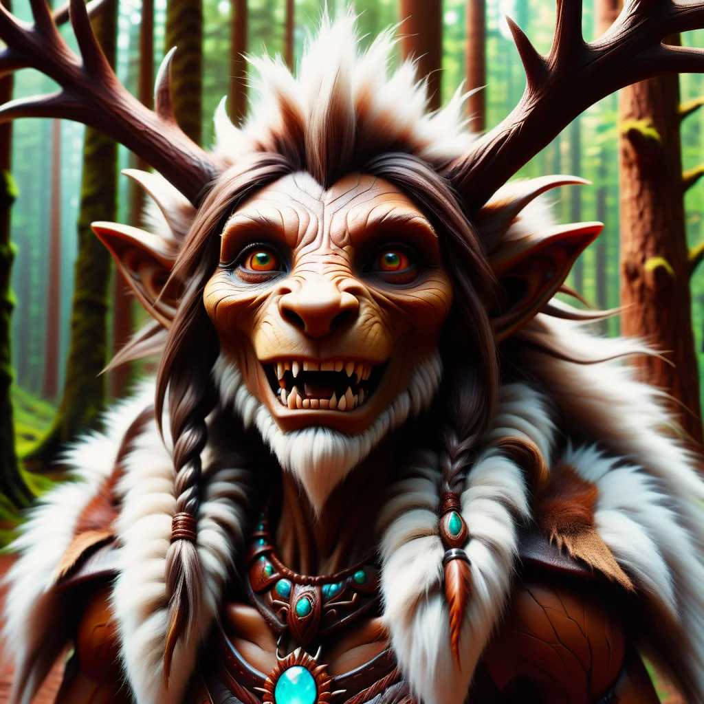 hyper detailed masterpiece, dynamic, awesome quality, DonMR31nd33rXL leather, fur, female troll, mythical humanoid being,large, strong, 8 to 10 feet tall, deep forests, thick warty brown skin, large nose, pointy ears, jutting jaw, prominent teeth, deep-set glowing eyes, long wild hair, claws, fantasy, stooped posture <lora:DonMR31nd33rXL-000008:0.8>
