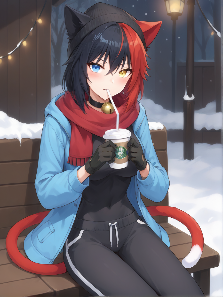 score_9, score_8_up, score_7_up, source_anime
ibaraki douji, multicolored hair, black hair, red hair, adult,  animal ears, two-tone tail, cat tail, choker,blue eyes, yellow eyes, heterochromia,  neck bell,  1girl, solo, medium breasts, on a bench, drinking coffee, winter, snow, scarf, jacket, sweatpants, beanie, drinking straw, gloves
 <lora:housechores-guy-PONYv1:0.4> <lora:Expressive_H:0.2>  <lora:Ibaraki Douji onigiri v0.1:0.8>