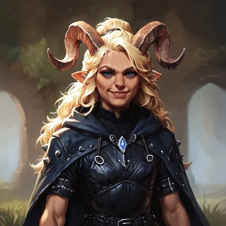 safe_pos, (((beautiful, high quality))), upper Body, score_9, score_8_up, score_7_up, blonde hair, long hair, hair bun, small breasts, woman, looking at the viewer, dynamic pose, blurred background, in the style of jeff-easley, oil painting, realistic, short sleeves, smirk, black armor, (studded leather armor:1.1), cloak, hood, satyr, faun, horns, animal ears, big horns,