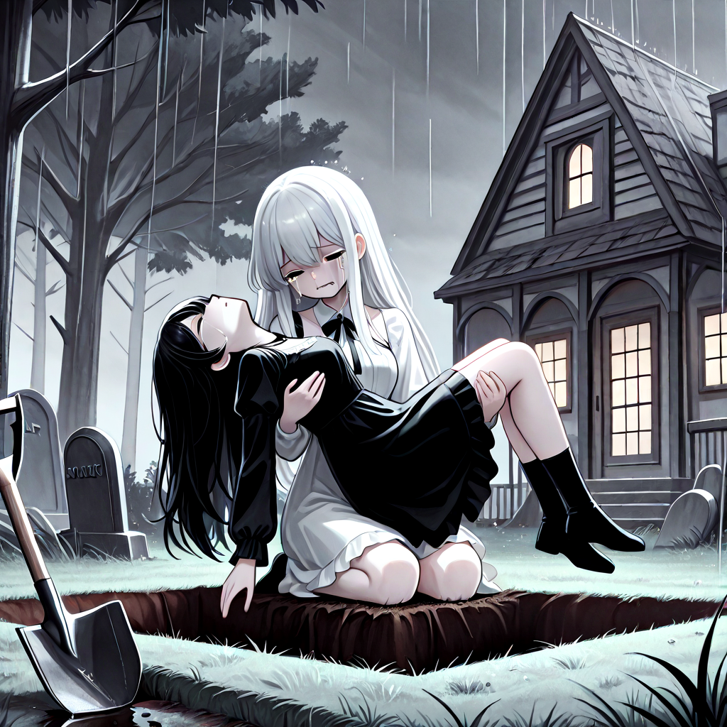absurdres, explicit, grave digging, hand on ground, princess carry, 2girls, sleeping, carrying, crying, tears, sad, breasts, closed eyes, closed mouth, pale skin, long hair, black hair, white hair, gothic dress, bangs, tree, grass, death, corpse, victorian, house, building, oil lamp, lantern, shovel, fog, smog, grey sky, seiza, head tilt, rain, water drop, from below, low angle, wide shot, very wide shot, ((biting own lip)), ((leaning back)), <lora:girlhategravedigging_ilxl:0.8>