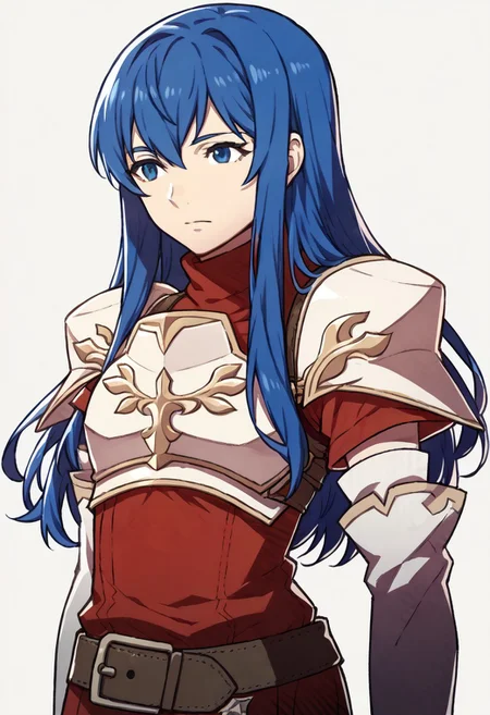 score_9, score_8_up, score_7_up, source_anime BREAK, 1boy, solo, <lora:zs_FatesPortraitsXL:1> fatesportraits, portraits, white background, 
<lora:caeda-fe-richy-v1_pdxl:1> caedadef, blue eyes, blue hair, long hair, bangs, turtleneck, red shirt, shoulder armor, pauldrons, breastplate, multiple belts, brown belt, white gloves, elbow gloves, red skirt