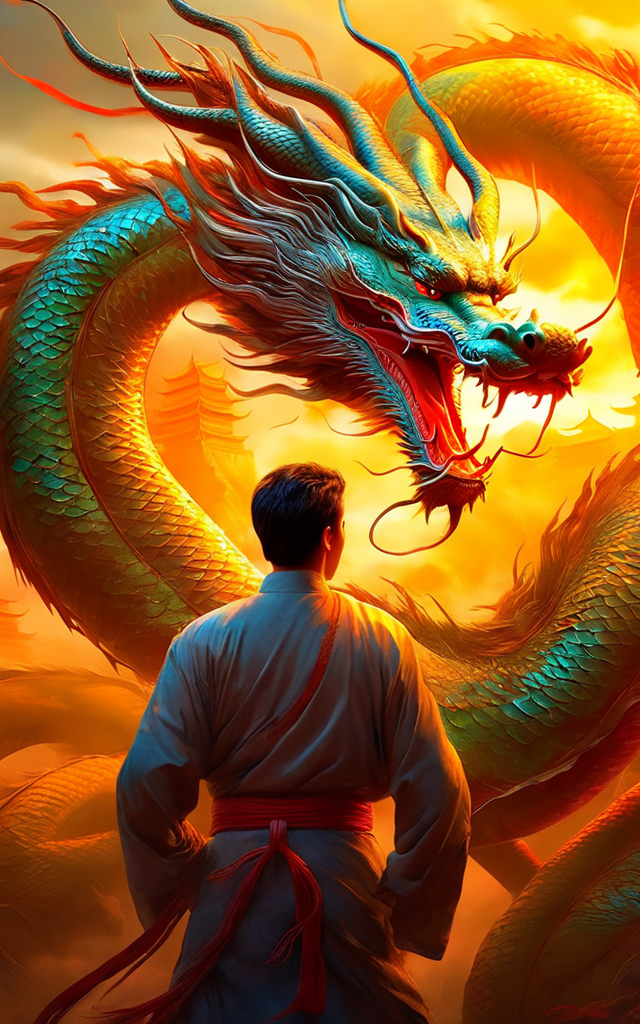(best quality,masterpiece, intricate,ultra-detailed,realistic,RAW photo,8k uhd,ultra high res,photorealistic style,cinematic scenes, sharp focus,dramatic lighting,extremely detailed CG unity wallpaper) ,a man standing in front of a Chinese dragon,<lora:CL_4Guardians_XL_v1:1>