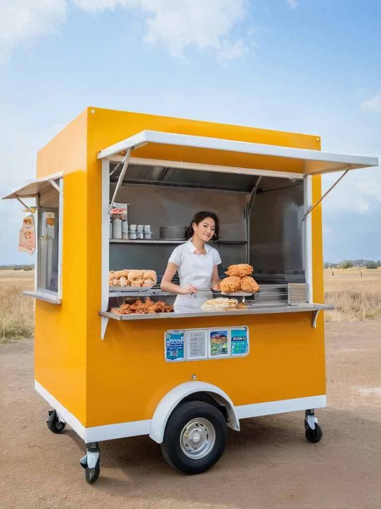 <lora:JJsFood_Stand_XL:.4>, ((Food Stand)), masterpiece , best quality, soft lighting, high quality, outdoors, day, scenery, real world location, sky, small wheel, Fried chicken steak, ((full body)), 1girl, solo, look at viewer,