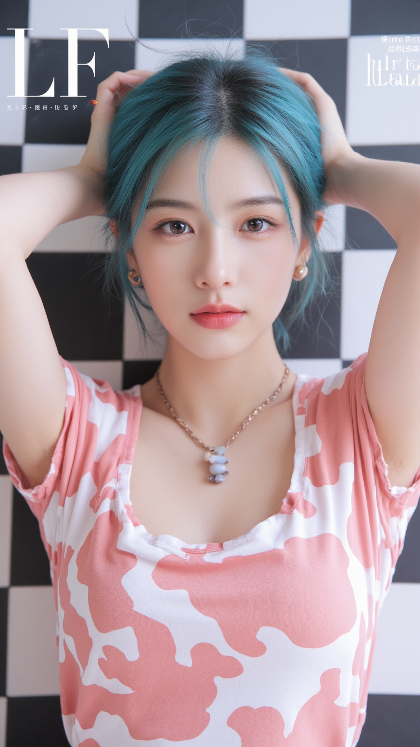 The magazine cover of a Japanese adult video, titled "AIDEA POCKET" with the japanese text and elements of the laid out in a typical fashion magazine format. BREAK A high-quality color photograph captures a young Asian woman with small breasts. The lighting in the photograph is soft and evenly distributed, with no harsh shadows that might suggest a particular time of day or artificial light source. The image does not display any specific painting technique or impressionist style elements but instead showcases a masterful approach to realistic photography. It appears to be a straightforward yet captivating portrait intended for discerning audiences who appreciate fine art and subtle beauty. The overall style remains realistic and focused on the figure, emphasizing the woman's presence and grace without attributing it to any particular artistic movement or technique.. She is in checkered background. She is Hands on her head lifted up. Her face expression is Defensive BREAK She has short hair teal blowout hair with bun cover. Her makeup is minimal, with a focus on natural-looking pink lipstick and subtle eye makeup. She is accessorizing Resin Necklace and Ear Gauges. She is wearing coral Cow print loose.,<lora:flux\JAVCompany_vol1_AIdeaPocket.safetensors:0.8:0.8> <lora:flux\majicbeauty1.safetensors:1.0:1.0>