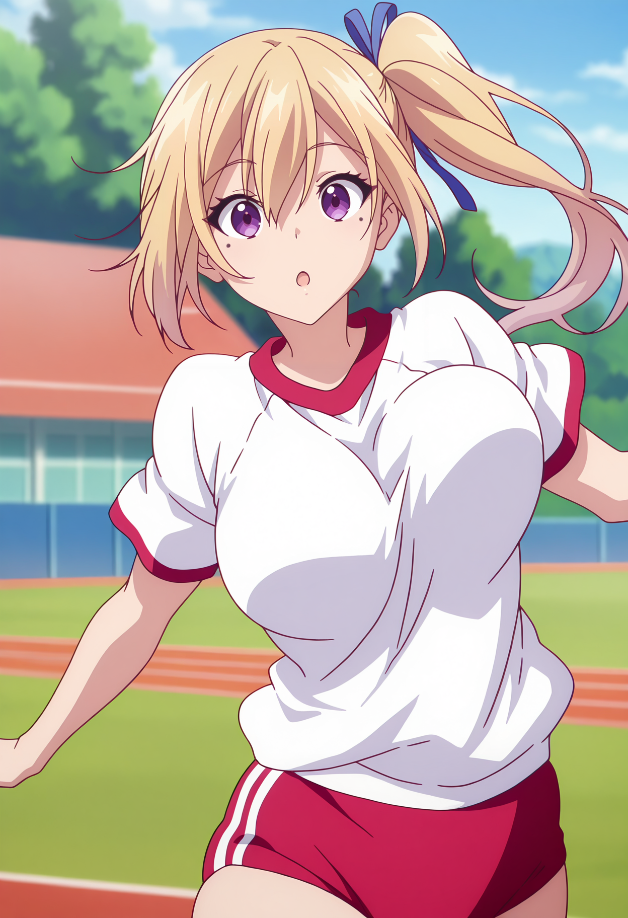anime screencap, masterpiece, best quality,
<lora:MusaigenNoPhantomWorld_KawakamiMai_IlluXL:0.9>,
1girl, solo, :o,
side ponytail, long hair, hair between eyes, blonde hair, purple eyes, mole under eye, hair ribbon, blue ribbon,
gym uniform, white shirt, red buruma,
floating breasts, jumping, cowboy shot,
track and field, day, blurry background