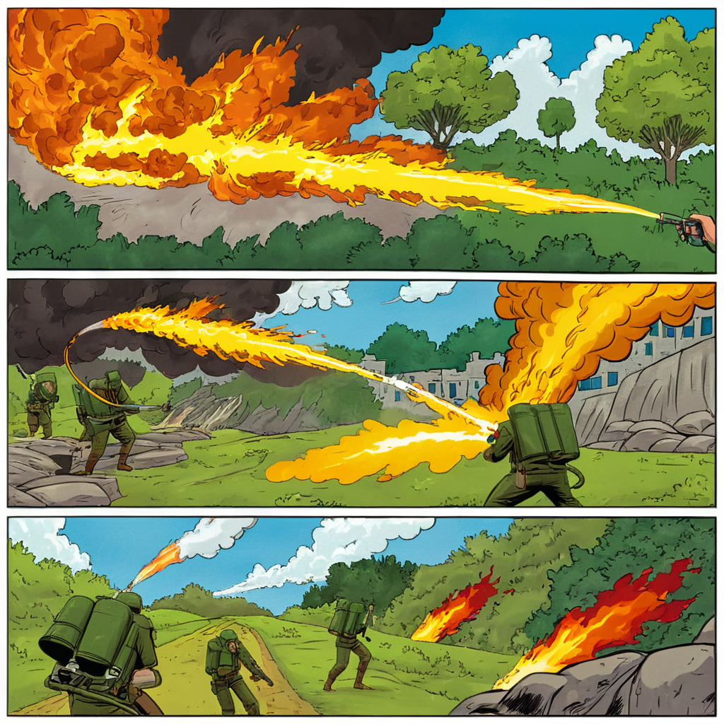 comic book art of  <lora:comicbookpage style:0.9> comicbookpage style
 <lora:xl_more_art-full_v1:0.5>
 <lora:add-detail-xl:1>
 <lora:detailed:0.3>
<lora:perfection style:0.3>
a cartoon comic book strip page of
 <lora:Flamethrower:1>Flamethrower, comic art, graphic novel illustration