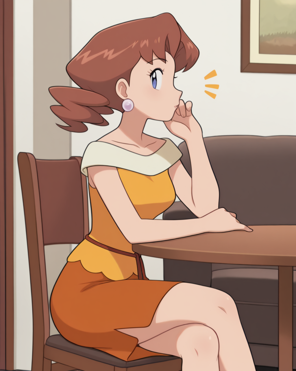 masterpiece, best quality, amazing quality, 1girl, <lora:Caroline_Pokémon:1>, carolinepok, brown hair, twintails, blue eyes, ball earrings, caroldress, yellow dress, collarbone, string belt, orange skirt, medium skirt, facing to the side, (looking at viewer:1.2), notice lines, adjusting hair, crossed legs, elbow rest, chair, table, living room