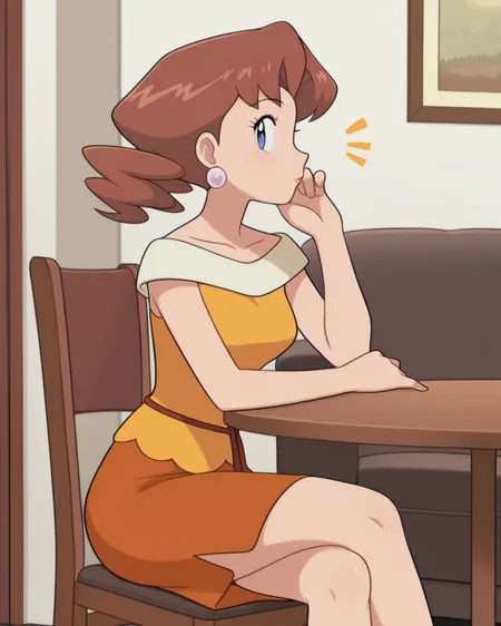 masterpiece, best quality, amazing quality, 1girl, <lora:Caroline_Pokémon:1>, carolinepok, brown hair, twintails, blue eyes, ball earrings, caroldress, yellow dress, collarbone, string belt, orange skirt, medium skirt, facing to the side, (looking at viewer:1.2), notice lines, adjusting hair, crossed legs, elbow rest, chair, table, living room