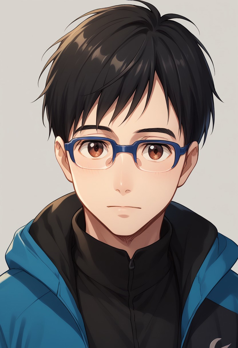 score_8_up, score_7_up, source_anime, highly detailed, 
yurikatsuki, 1boy, male focus, glasses, black hair, blue-framed eyewear,  jacket, brown eyes, track jacket, turtleneck, solo, upper body,