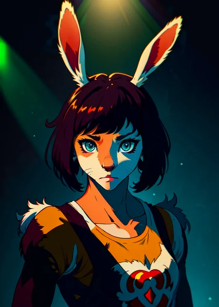 <lora:Fran:0.4>
(masterpiece:1.2), (best quality, high quality, absurdres, 8k, (Studio Trigger style), studio lighting, high contrast), (beautiful anthro, viera, highly detailed), (fuzzy:1.3), (furry:1.3), expressive eyes, 1girl, athletic<lora:None:1>