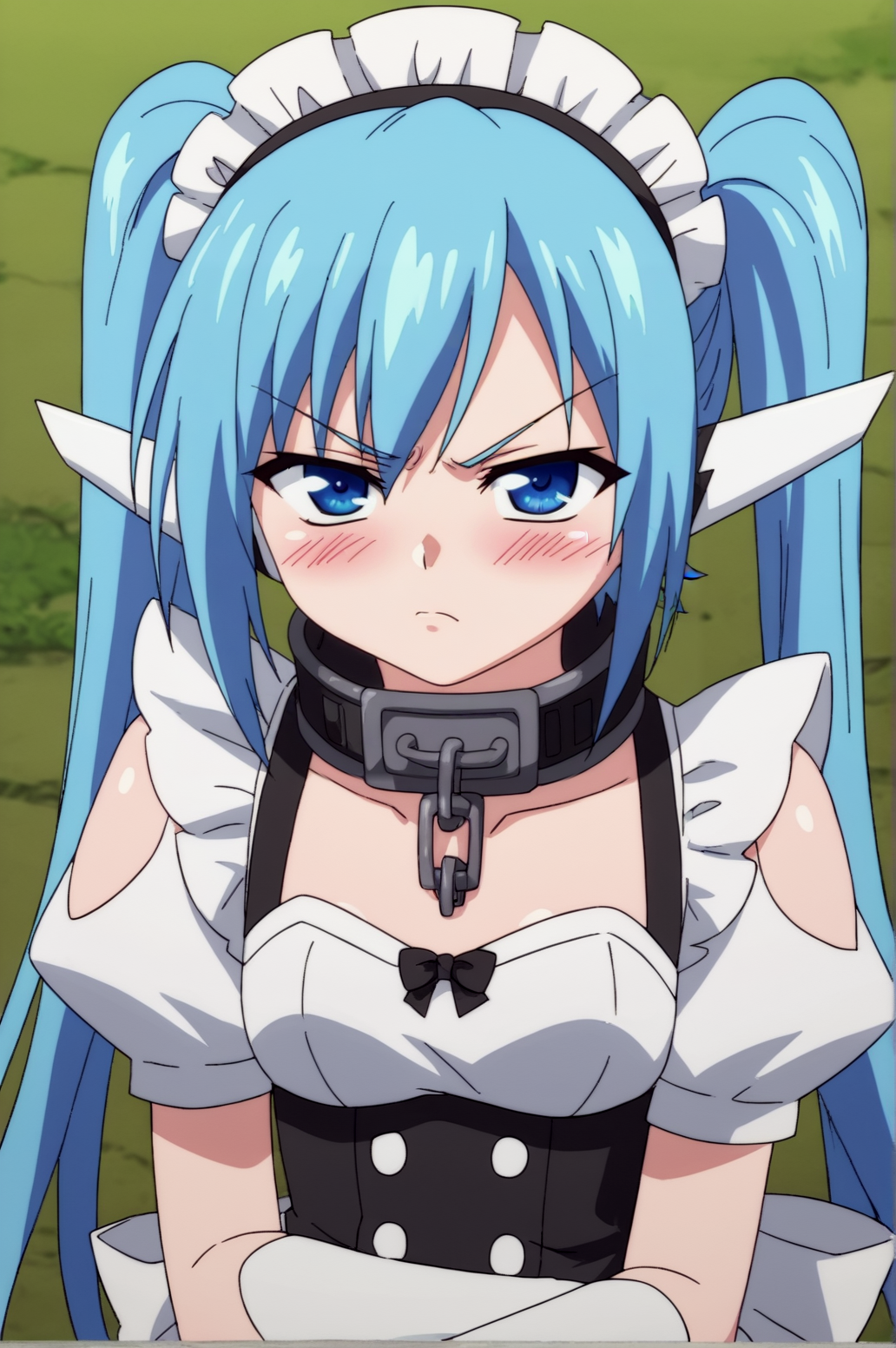 score_9, score_8_up, score_7_up,anime_source, source_anime, best background, detailed background, anime screencap,  nymph, 1girl, collar, gloves, long hair, metal collar, solo, thighhighs, twintails, blush, tsundere, seductive body, sexy, maid outfit, <lora:Nymph:0.8>