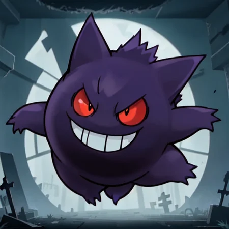 pokemon, gengar, ghost, poison, quadrupedal, creature, purple fur, (round body:1.2), short legs, toothy grin, (pointed ears:0.9), small teeth, upper jaw, fang-like, lower jaw, red eyes, yellow pupils, short tail, levitate, float, silently, ghost-type, versatile, wild, lurk, dark, abandoned places, graveyards, mischievous, shadows, appearance, fears, desires, manipulate, powerful, mysterious, unique abilities, mischievous personality, formidable, levitate, hide, shadows, attacks  <lora:Pokemon Gengar:0.65>
<lora:gender_slider_v1:5>