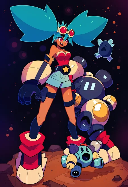 score_9, score_8_up, score_7_up, score_6_up, score_5_up, score_4_up, BREAK
1girl, gloves, twintails, goggles on head, shorts, goggles, red eyes, black gloves, big hair, aqua hair, bare shoulders, belt, dark skin, full body, breasts, smile, shoes, dark-skinned female, standing, long hair, open mouth, sneakers, robot, blue hair, socks, star (symbol), eyewear on head, holding, thigh strap, green hair, detached sleeves, shirt, medium breasts
 <lora:groovysmooth:1>
