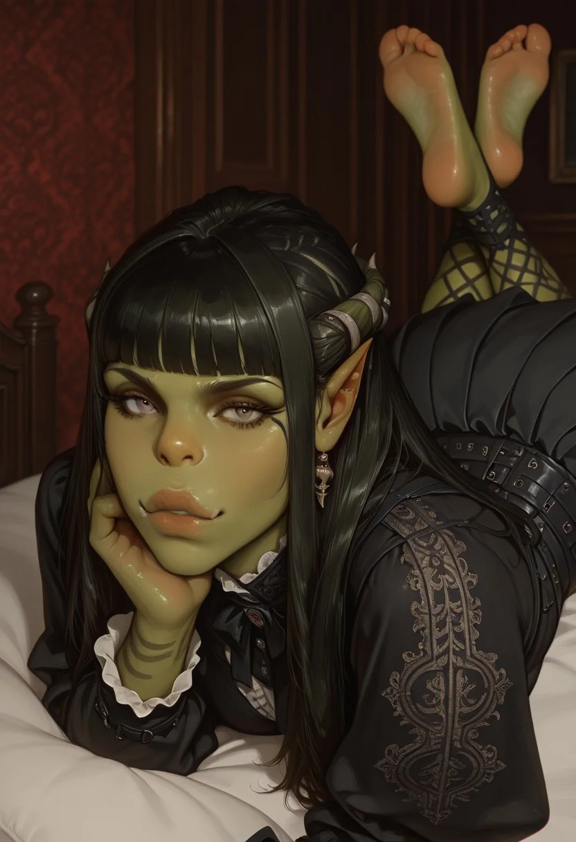 masterpiece,amazing quality,best quality,ultra-detailed, illustration, newest, absurdres, realistic, ((source_realistic:1.4)), BREAK artist:moriimee, 1girl (Orcgirl:1.1), skirt, gothic,bangs,green skin,hime cut,victorian clothes,jewelry, ((details,laced patterns)),(((vintage))), <break>, laying on bed,laying on stomach,feet up, crossed_legs, looking at viewer,<segment:face,0.4,0.5//cid=1>