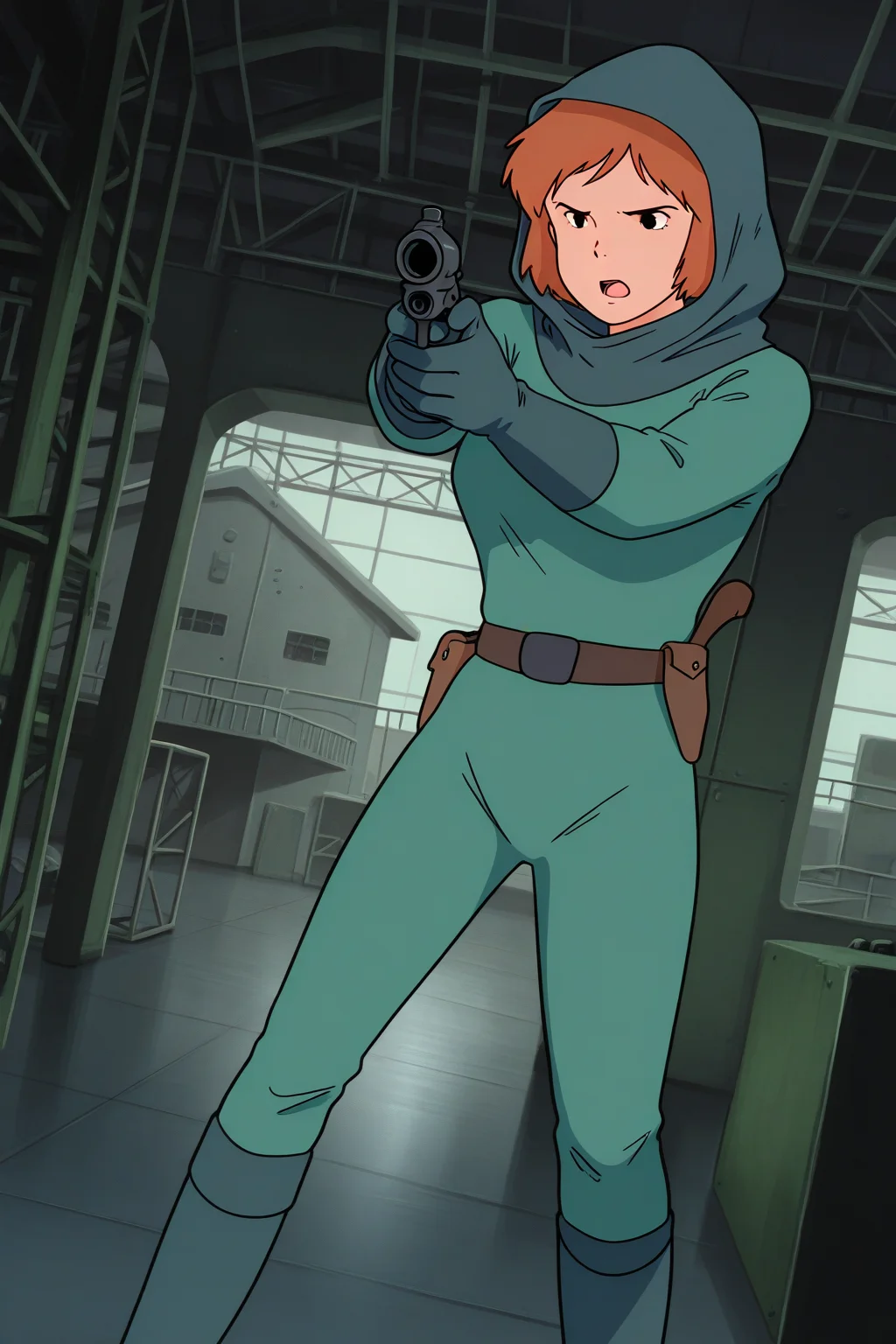 masterpiece, best quality, amazing quality, absurdres, solo, conanmonsley, serious, standing, holding gun, aiming, open mouth, dutch angle, green hood, hood up, green bodysuit, green gloves, green boots, indoors, factory, military base, warehouse